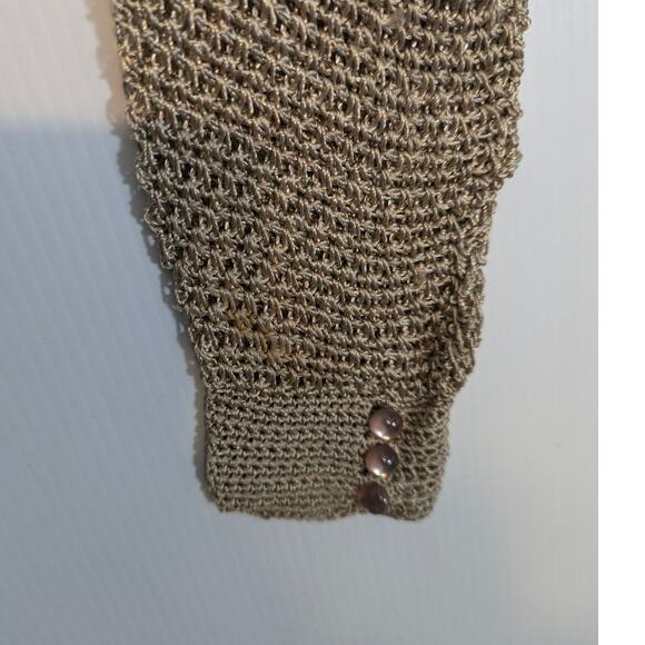 Vintage 80's Norma Canada Crochet & Leather Patch Sweater Sheer Tan SEE Measure - Picture 8 of 11